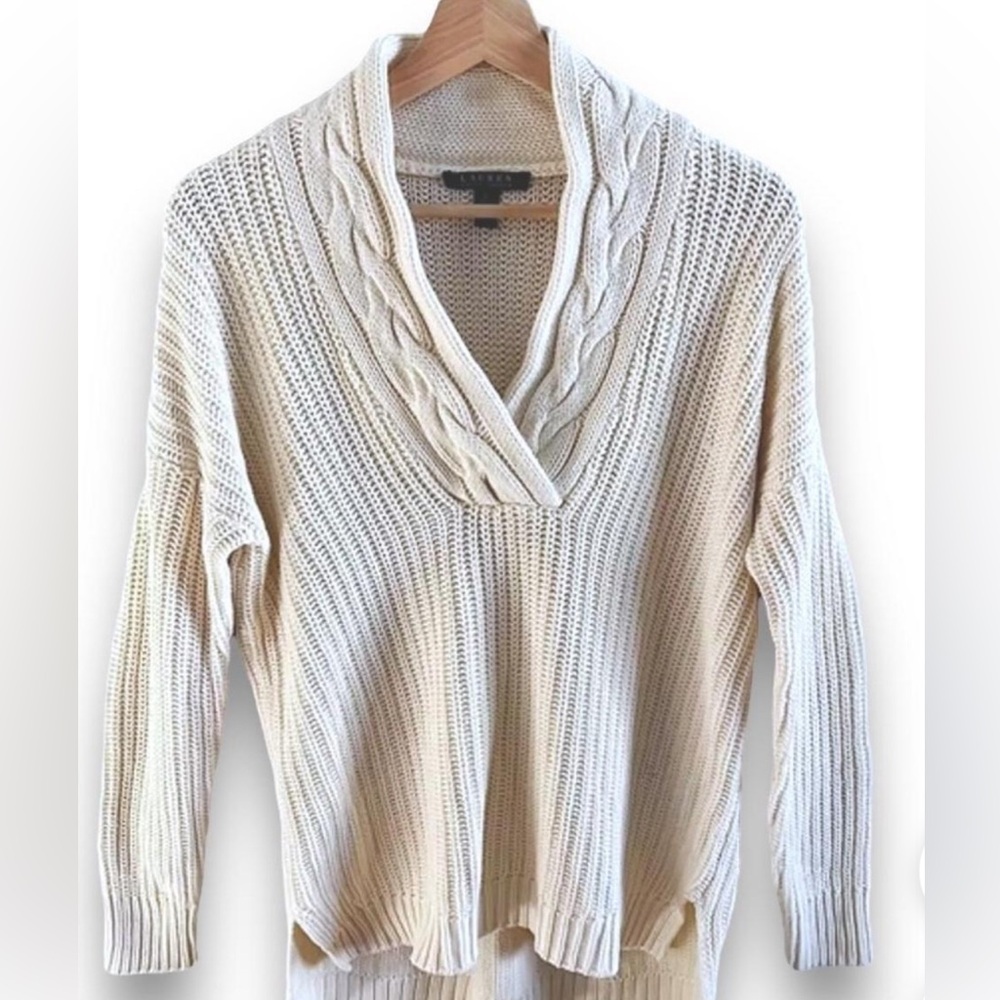 LRL Lauren Ralph Lauren Women's Cable Knit V Neck Sweater Beige